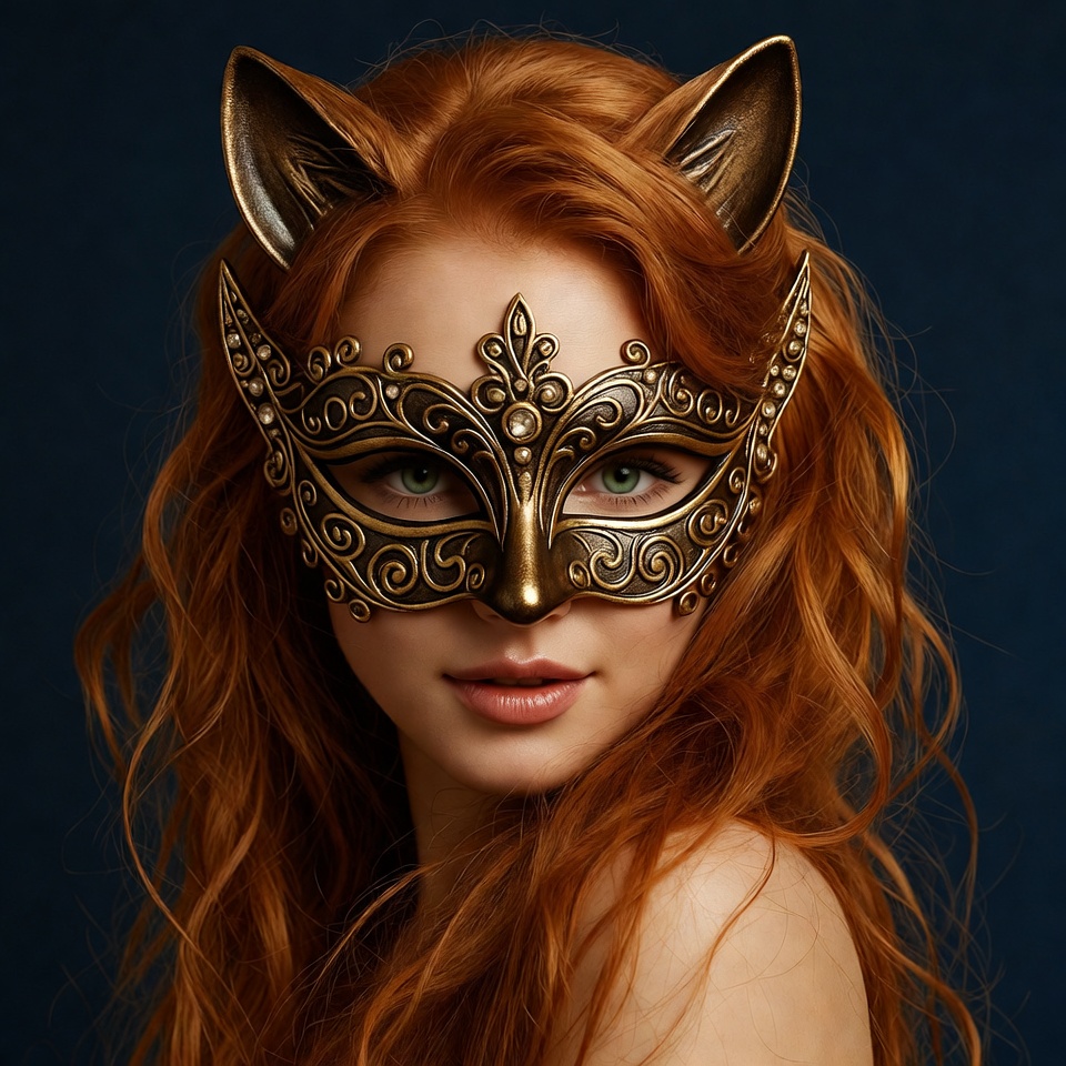 Woman in golden cat ear mask Woman in golden cat ear mask