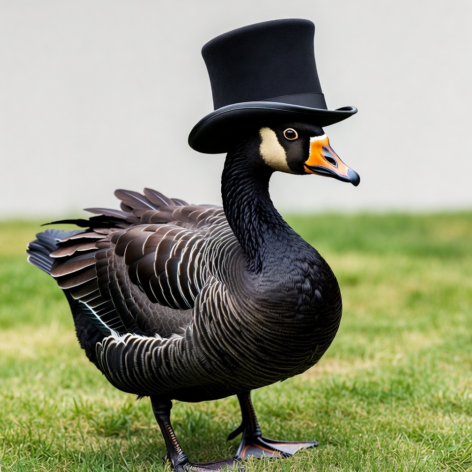 Goose wearing top hat on grass Goose wearing top hat on grass