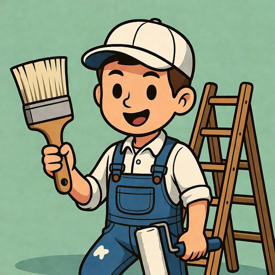 Cartoon painter man with brush and ladder Cartoon painter man with brush and ladder