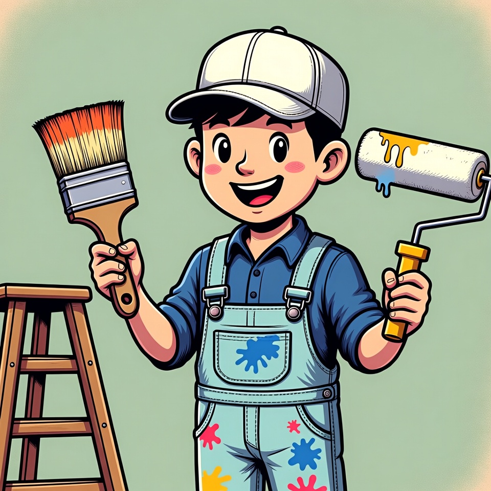 Cartoon boy painter with brush and roller Cartoon boy painter with brush and roller