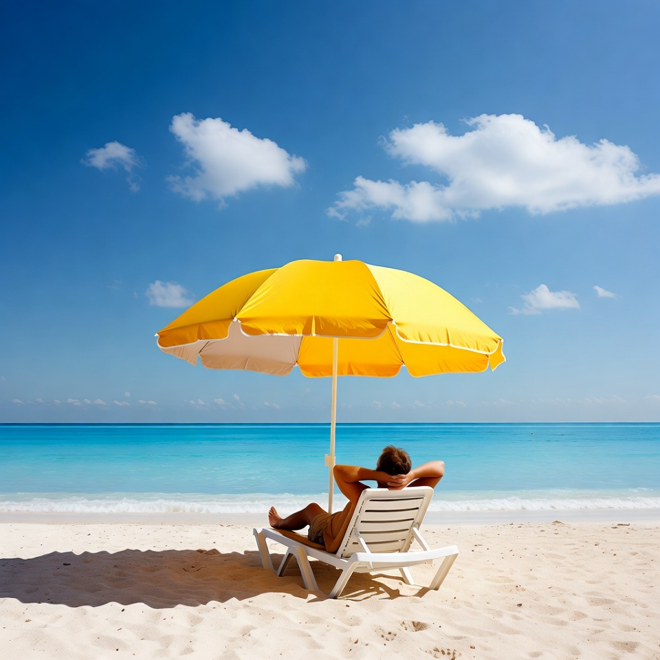 Man relaxing in beach chair under yellow umbrella Man relaxing in beach chair under yellow umbrella