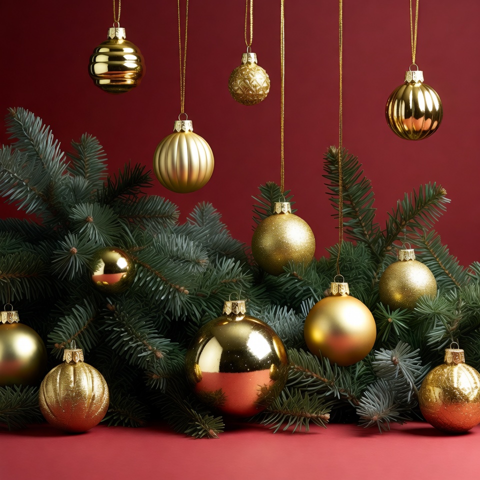 Gold Christmas Ornaments on Fir Branches Gold Christmas Ornaments on Fir Branches