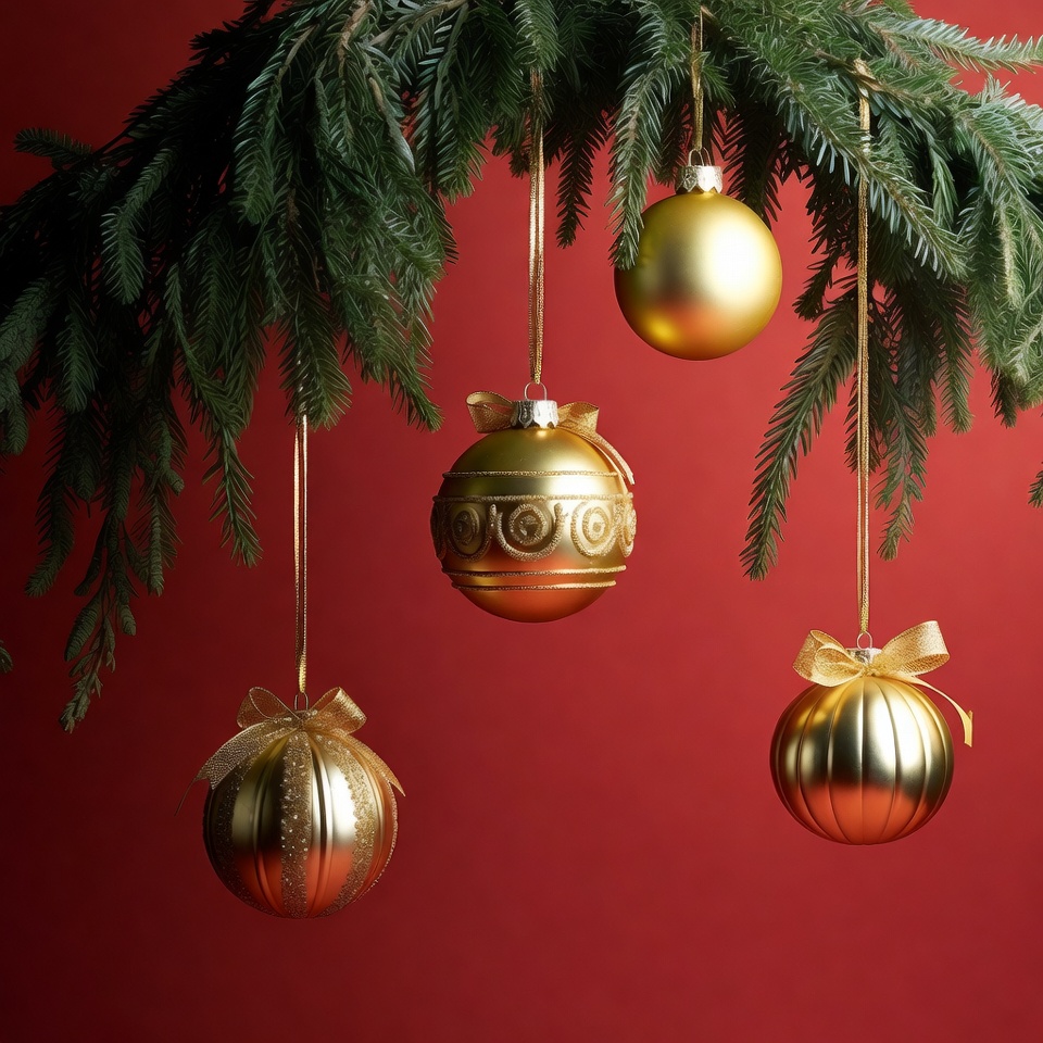 Gold Christmas Ornaments Hanging from Fir Branches Gold Christmas Ornaments Hanging from Fir Branches