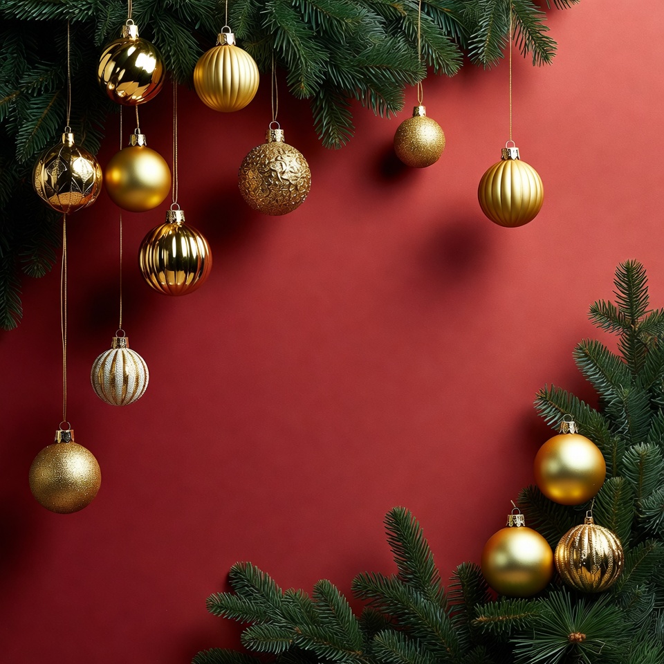 Gold Christmas ornaments on red background Gold Christmas ornaments on red background