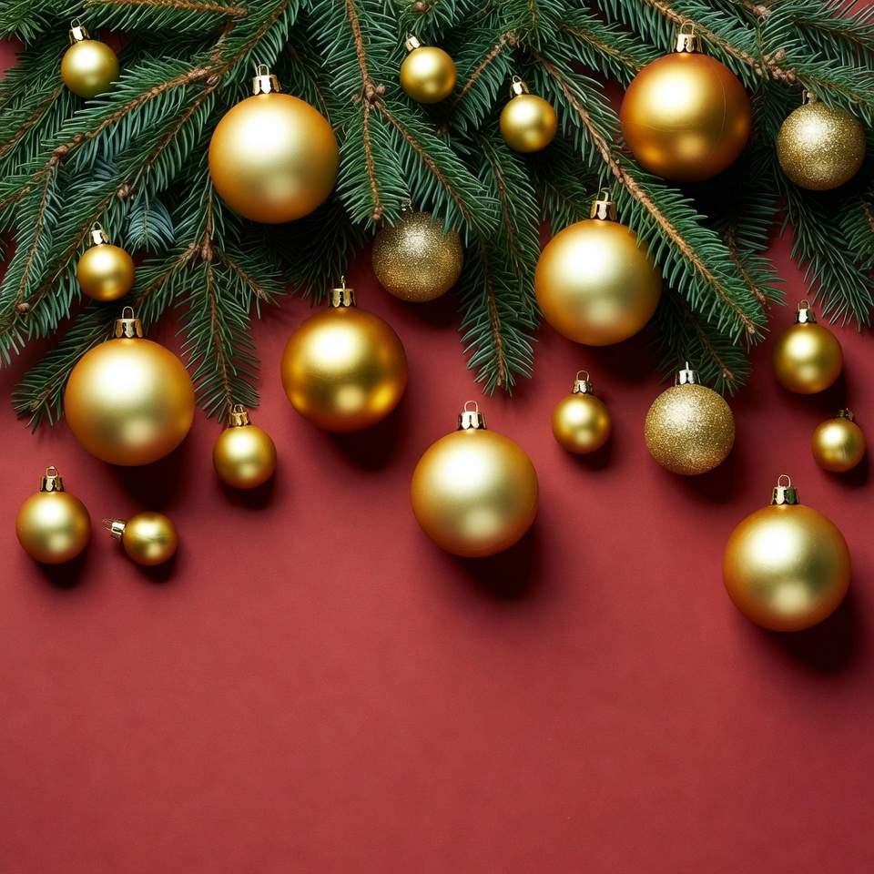 Gold Christmas Baubles on Fir Branches Gold Christmas Baubles on Fir Branches