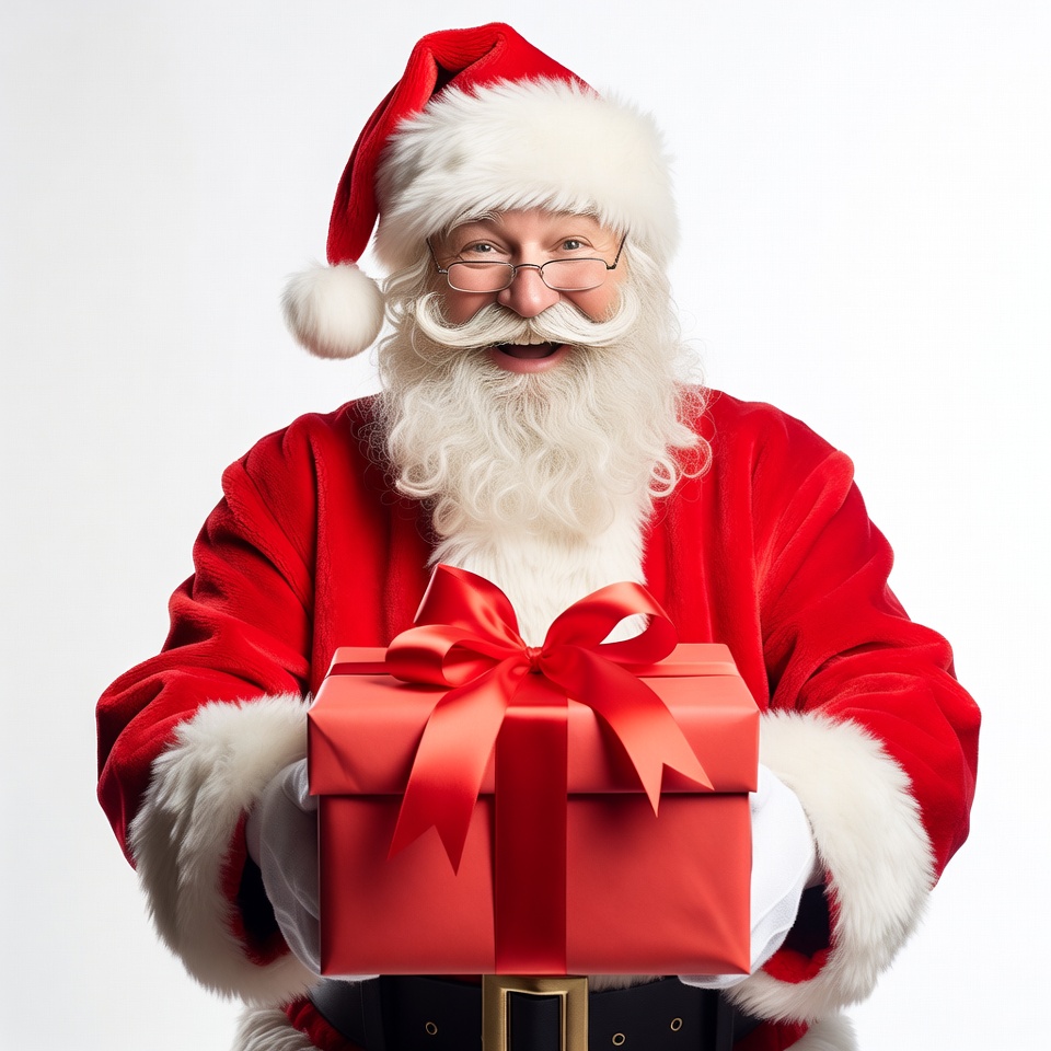 Santa Claus holding red gift box Santa Claus holding red gift box