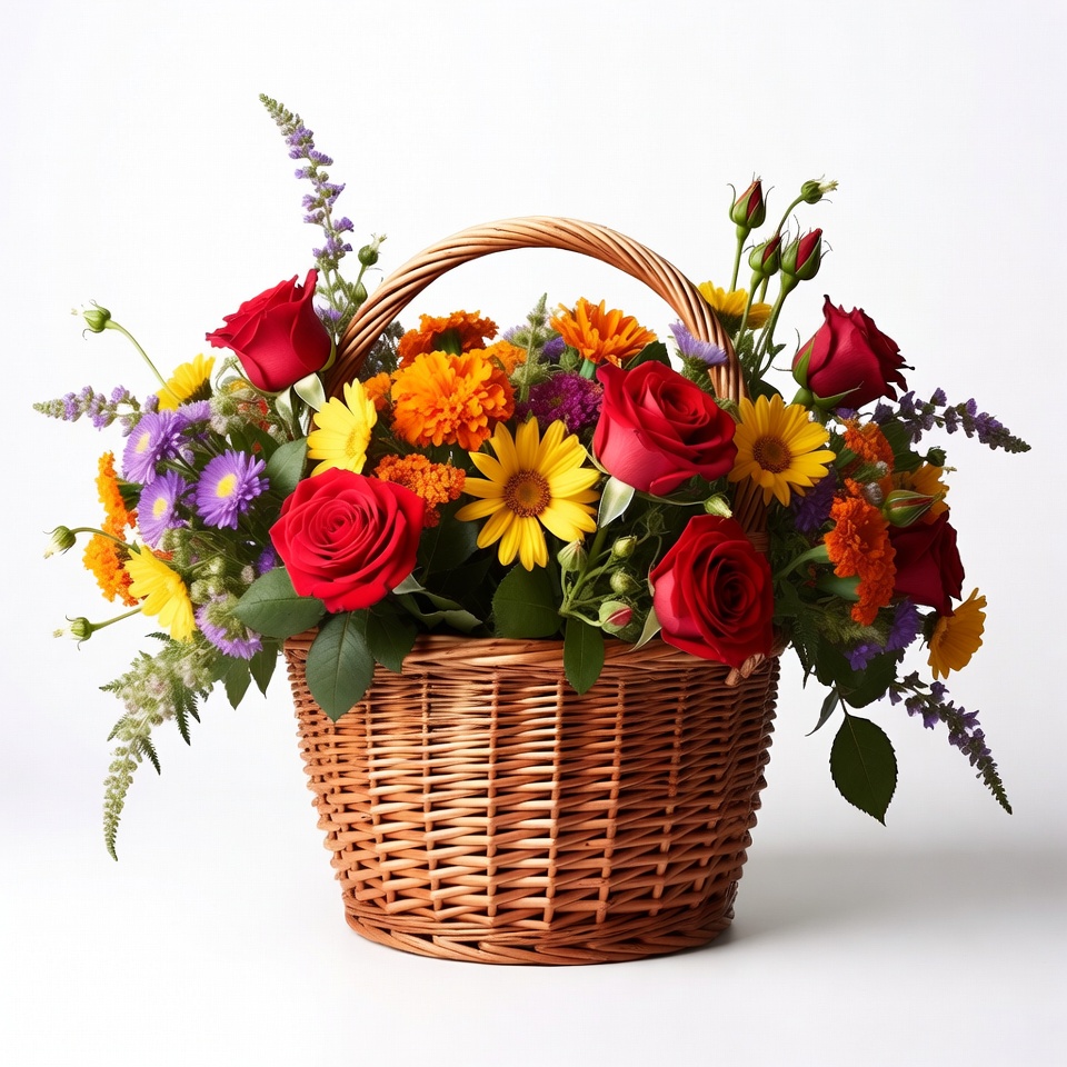Colorful Flowers in Wicker Basket Colorful Flowers in Wicker Basket
