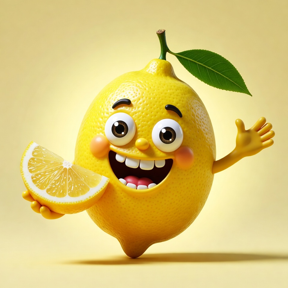 Cartoon Lemon Waving with Slice Cartoon Lemon Waving with Slice