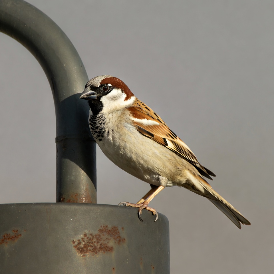 House sparrow perched on metal pole House sparrow perched on metal pole