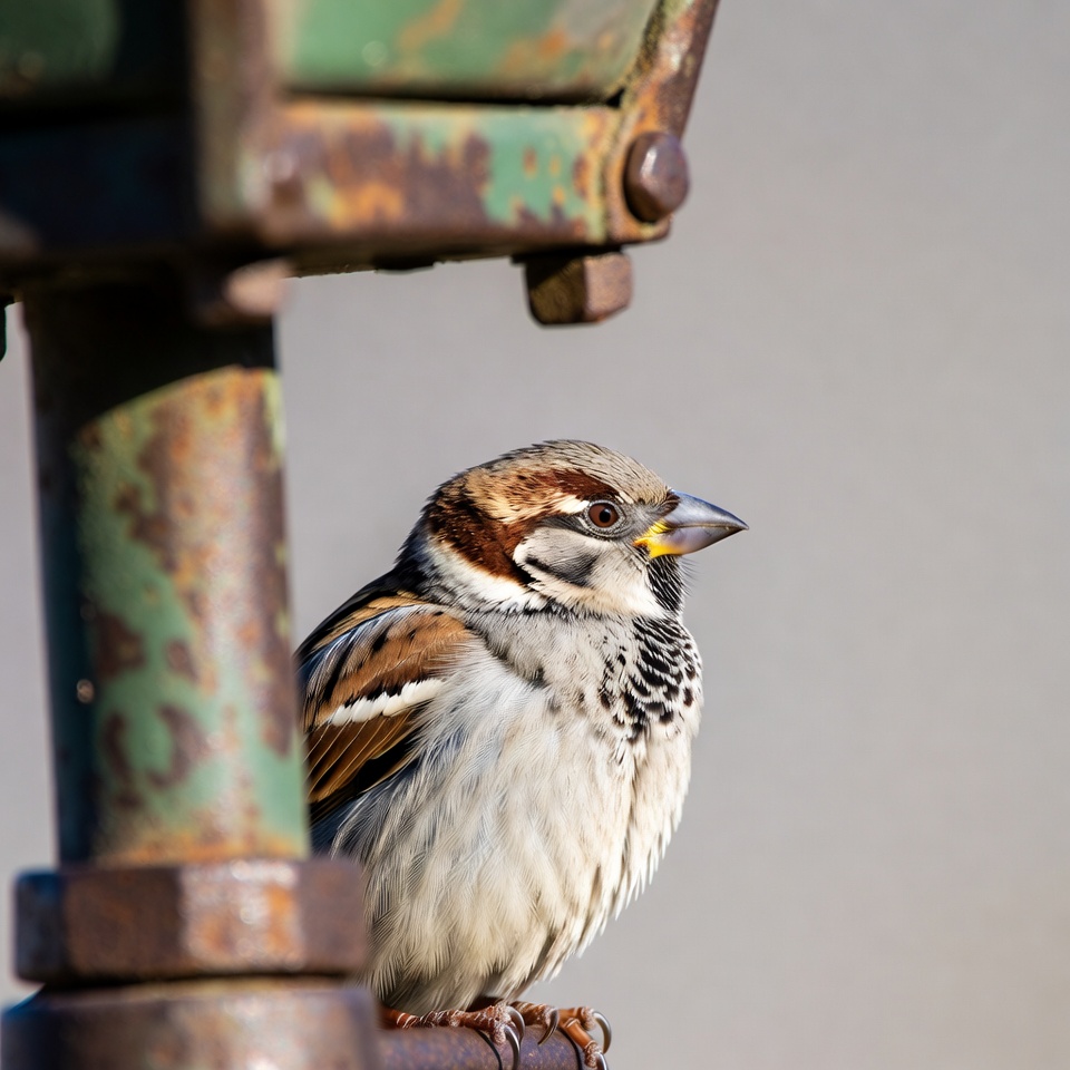 Sparrow perched on rusty green post Sparrow perched on rusty green post