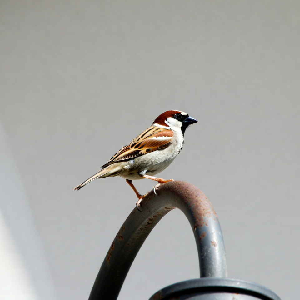 House sparrow perched on rusty pipe House sparrow perched on rusty pipe