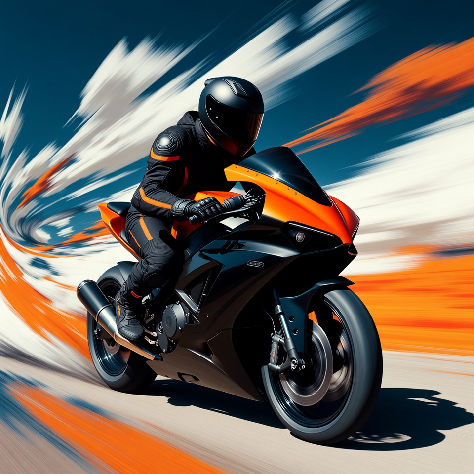Man riding orange sport motorcycle at speed Man riding orange sport motorcycle at speed