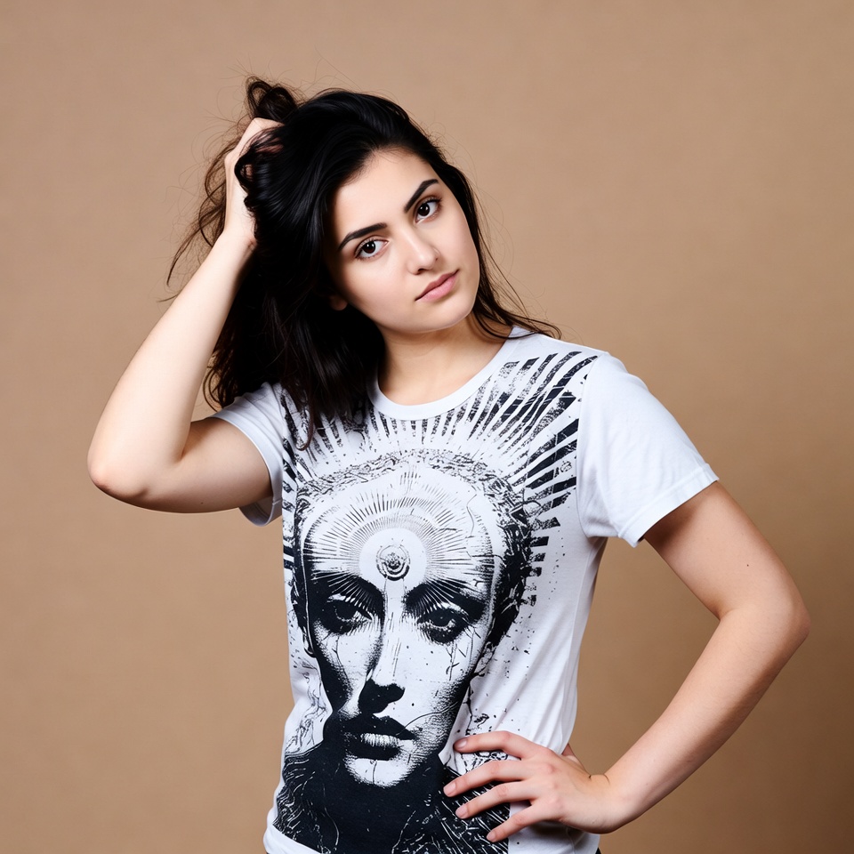 Woman hand on head in graphic tee Woman hand on head in graphic tee