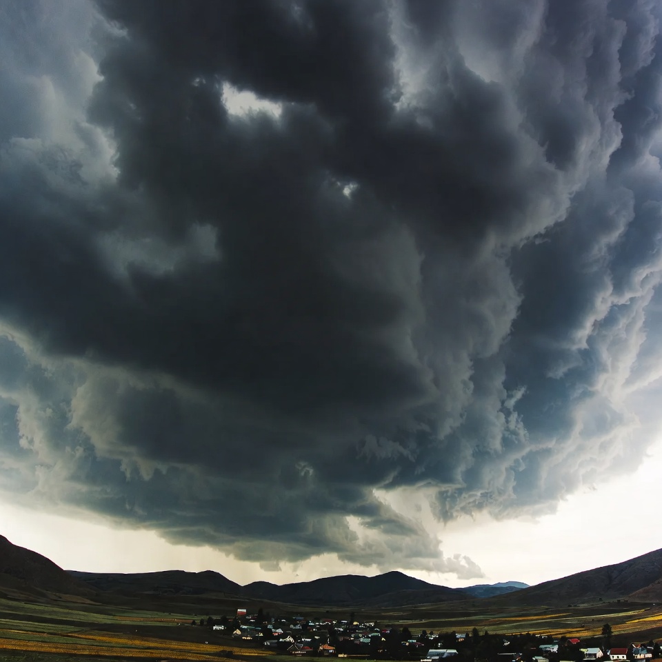 Dark cumulonimbus clouds over valley village Dark cumulonimbus clouds over valley village