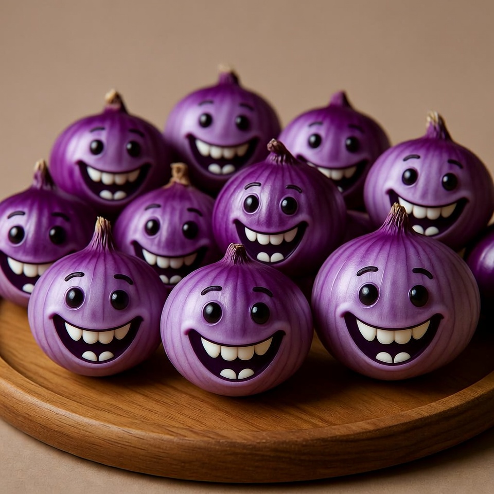 Smiling Purple Onions on Wooden Plate Smiling Purple Onions on Wooden Plate