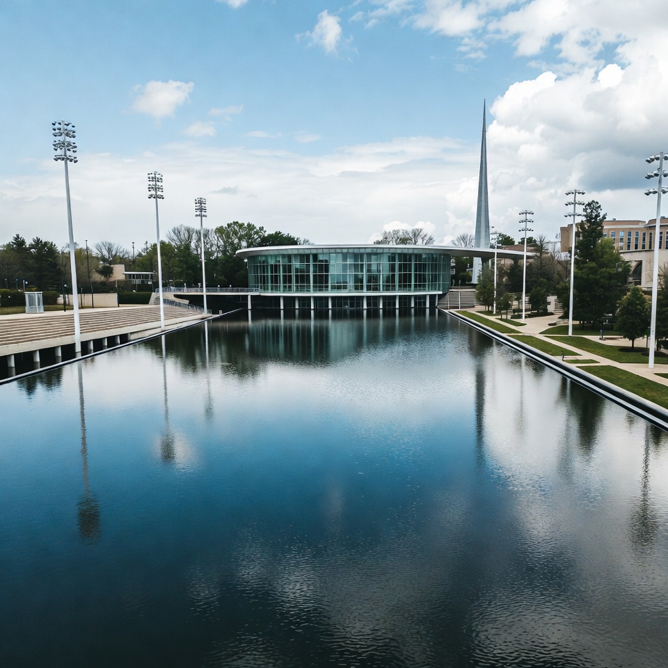 Modern glass building by reflecting pond Modern glass building by reflecting pond