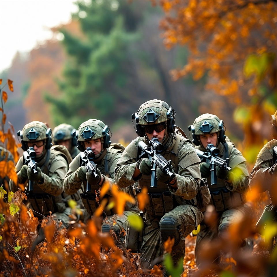 Soldiers aiming rifles in autumn forest Soldiers aiming rifles in autumn forest