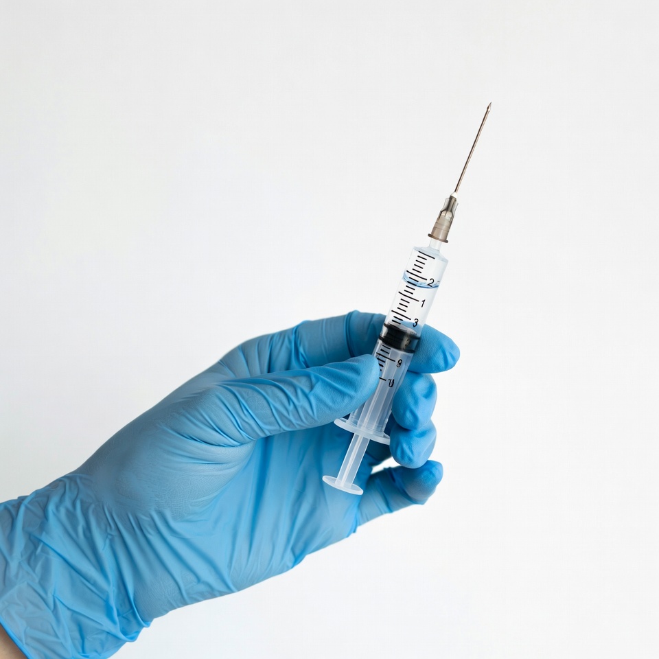 Hand in blue glove holding syringe Hand in blue glove holding syringe