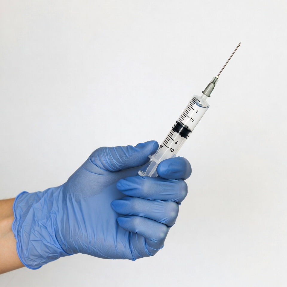 Hand in blue glove holding syringe Hand in blue glove holding syringe