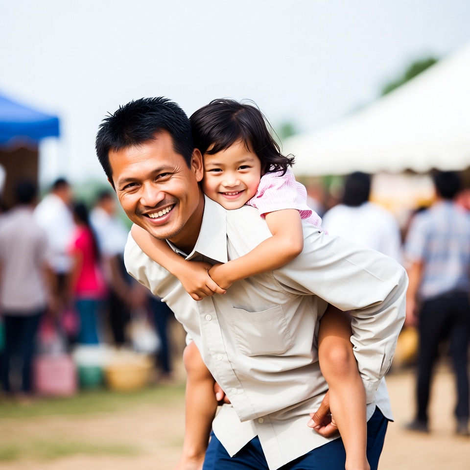 Asian father piggybacking smiling daughter Asian father piggybacking smiling daughter