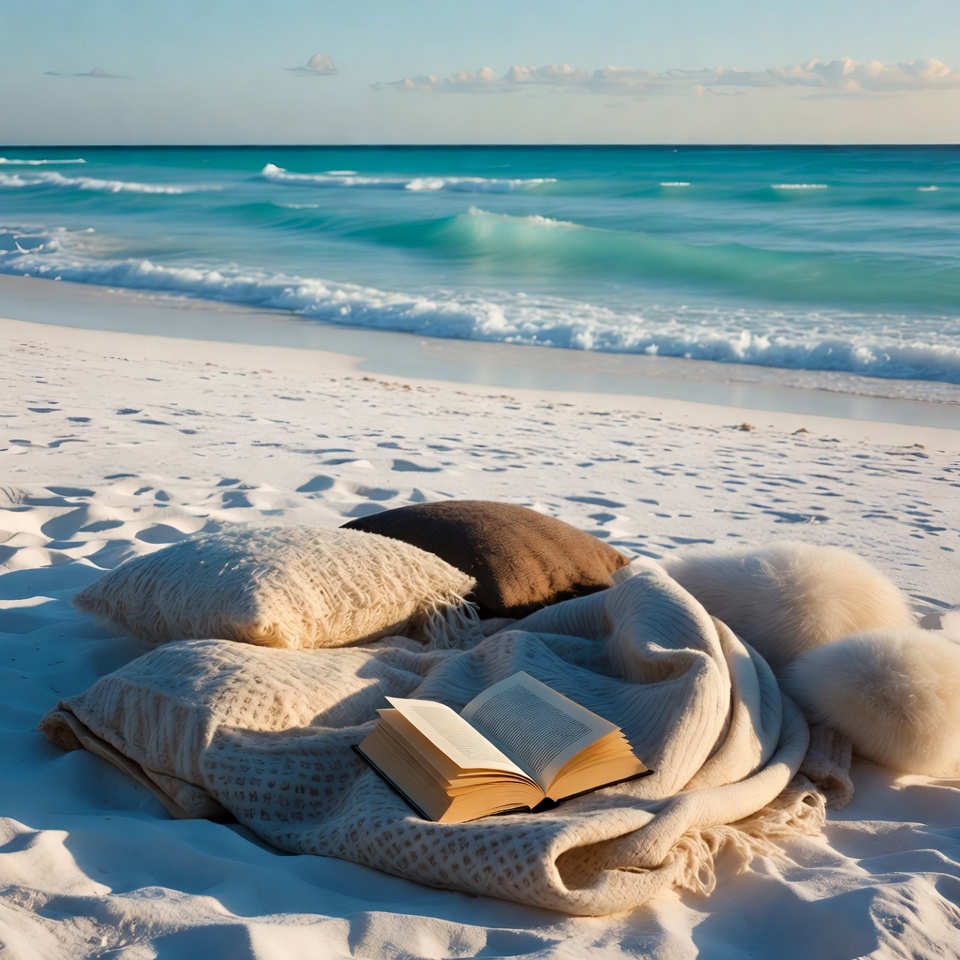 Open book on beach blanket Open book on beach blanket