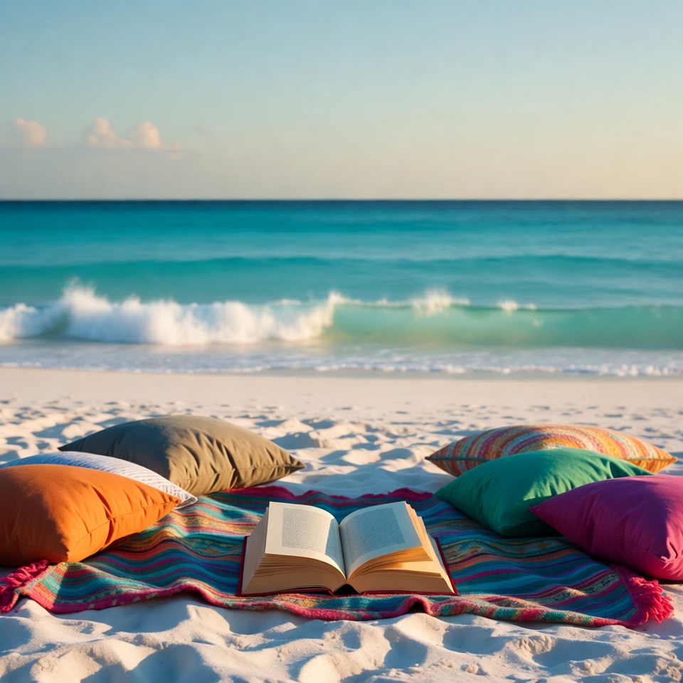 Open book on beach blanket Open book on beach blanket
