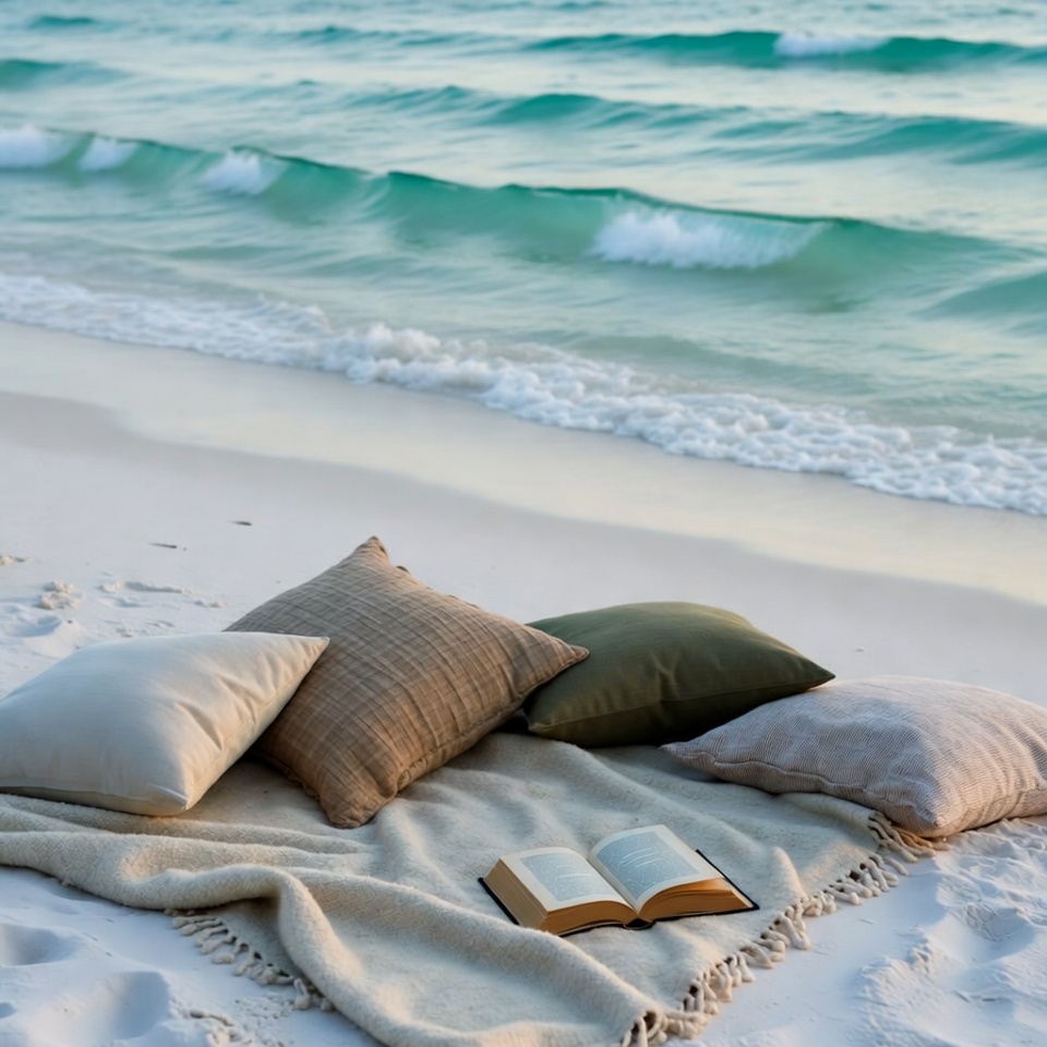 Open book on beach blanket with pillows Open book on beach blanket with pillows