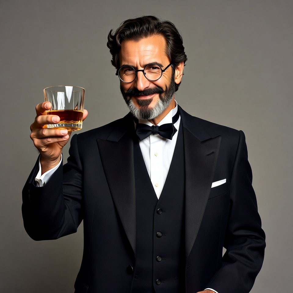 Man toasting whiskey glass in tuxedo Man toasting whiskey glass in tuxedo