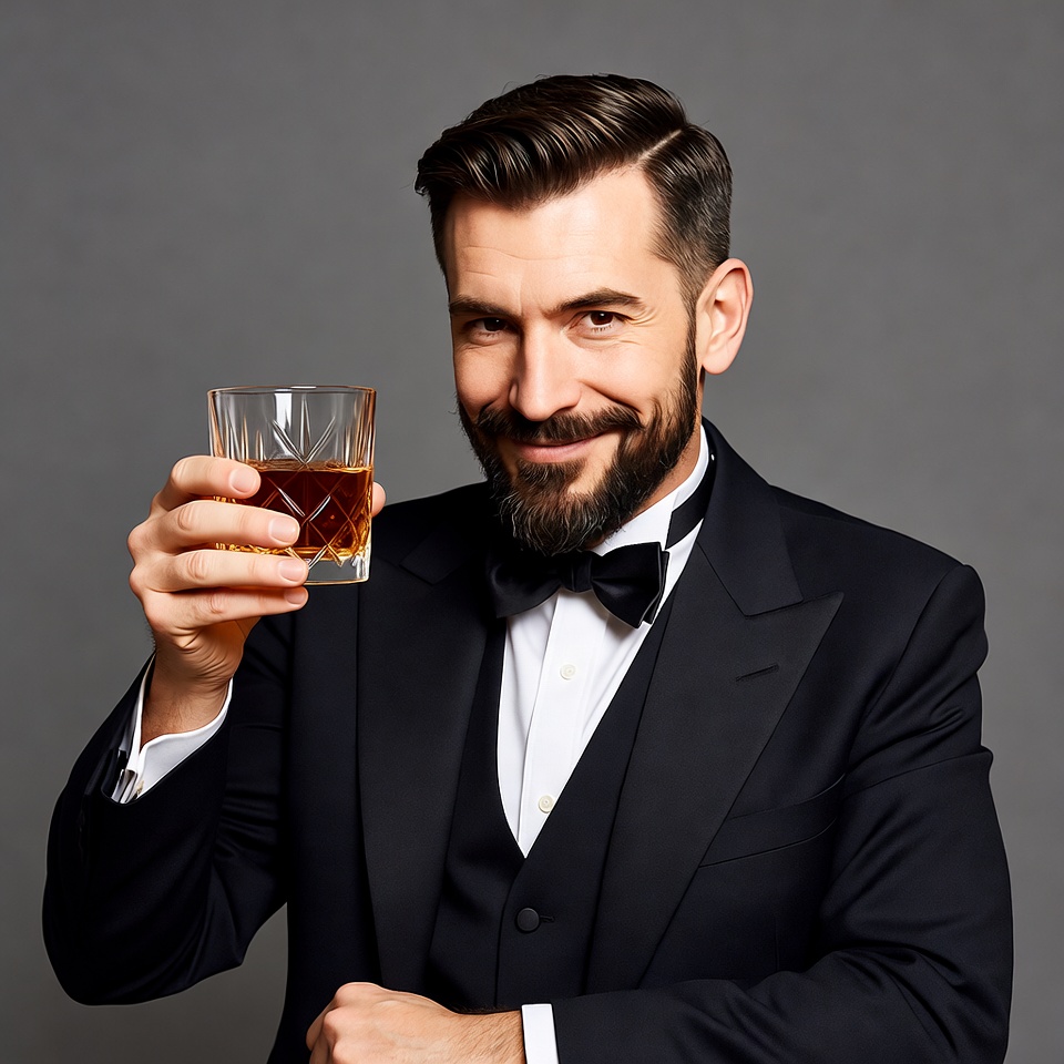 Man holding whiskey glass in tuxedo Man holding whiskey glass in tuxedo
