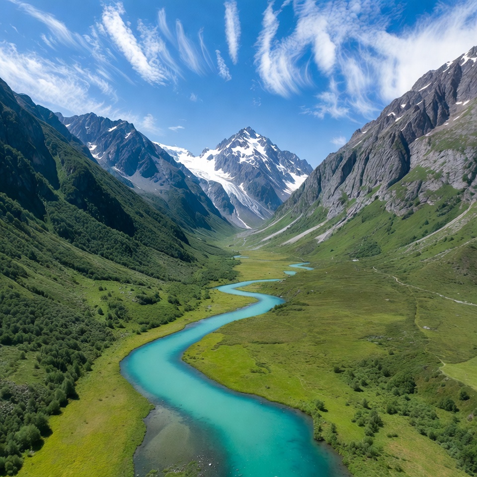 Turquoise River in Snowy Mountain Valley Turquoise River in Snowy Mountain Valley