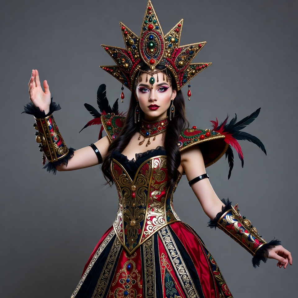 Woman in Elaborate Red Fantasy Headdress Woman in Elaborate Red Fantasy Headdress