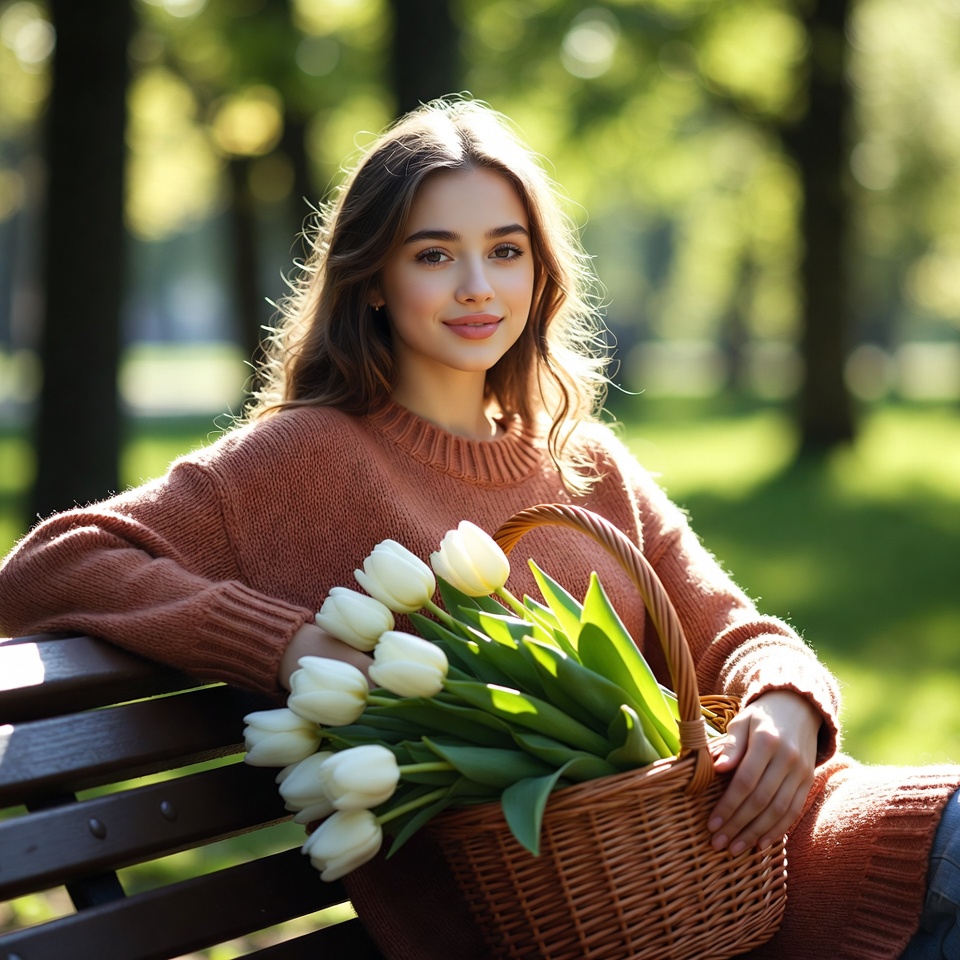 Woman holding tulips on park bench Woman holding tulips on park bench