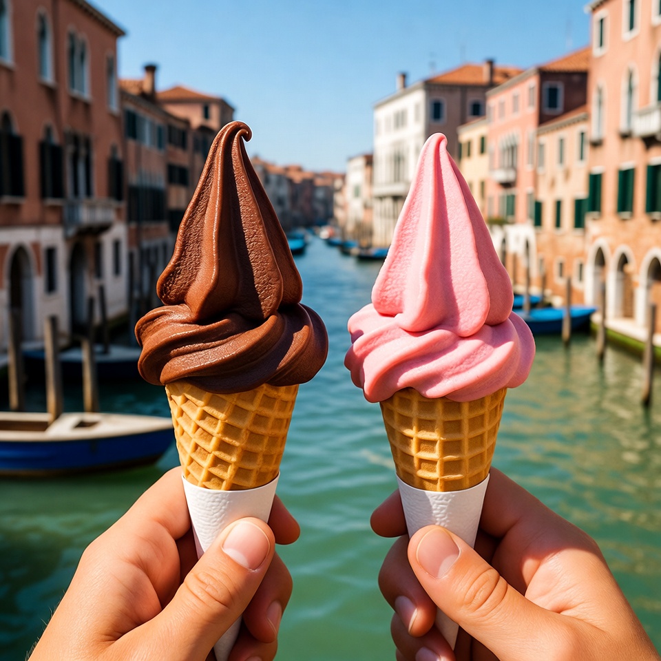 Chocolate and Pink Ice Cream Cones Venice Chocolate and Pink Ice Cream Cones Venice