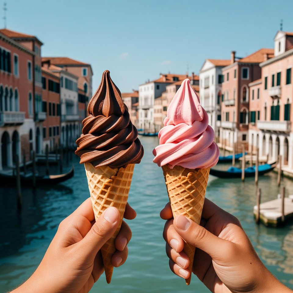 Hands Holding Chocolate and Pink Soft Serve Venice Hands Holding Chocolate and Pink Soft Serve Venice