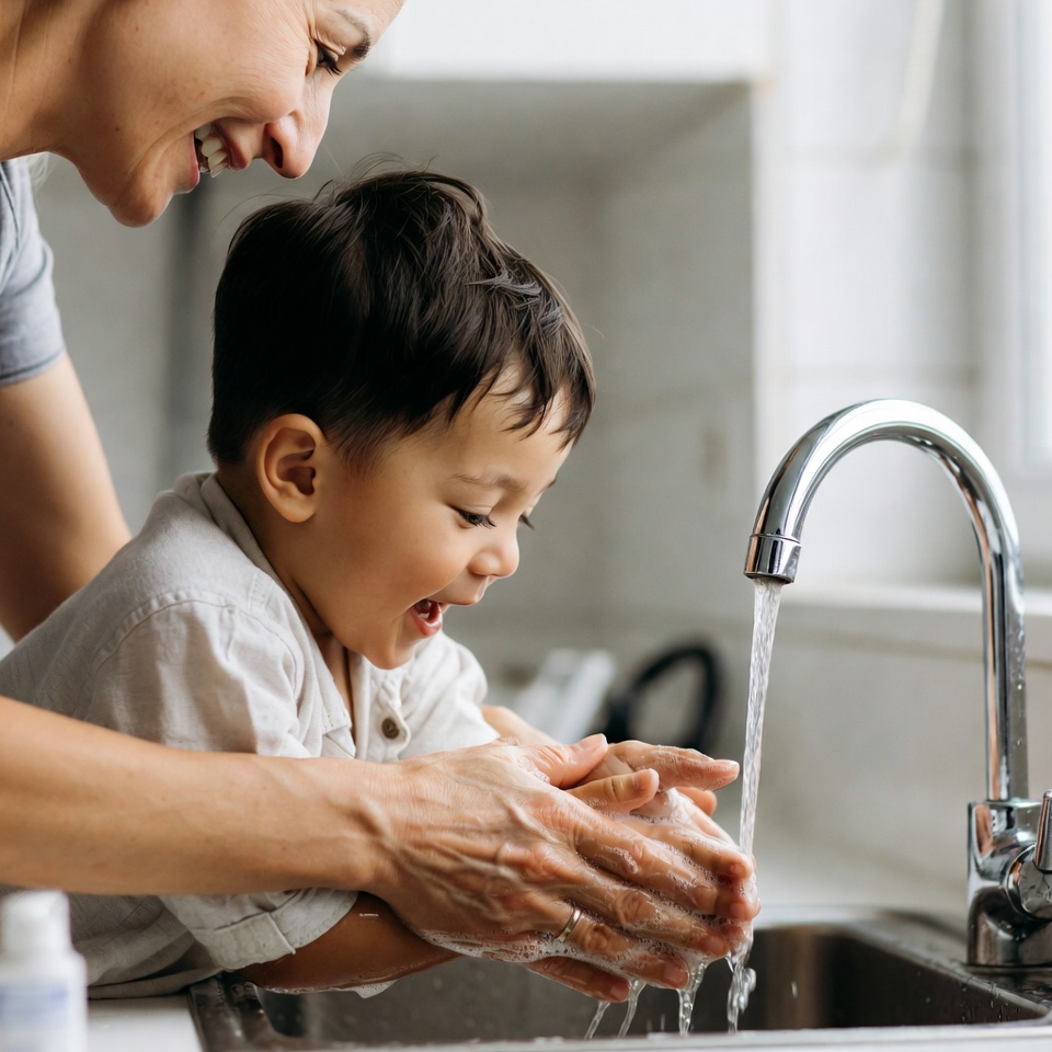 Mother helping toddler wash hands Mother helping toddler wash hands