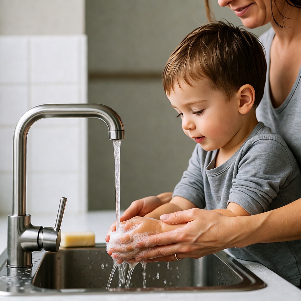 Mother teaching toddler handwashing Mother teaching toddler handwashing