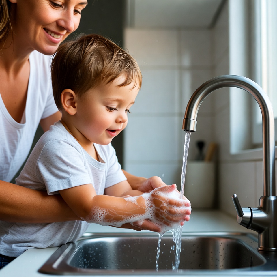 Mother helping toddler wash hands Mother helping toddler wash hands