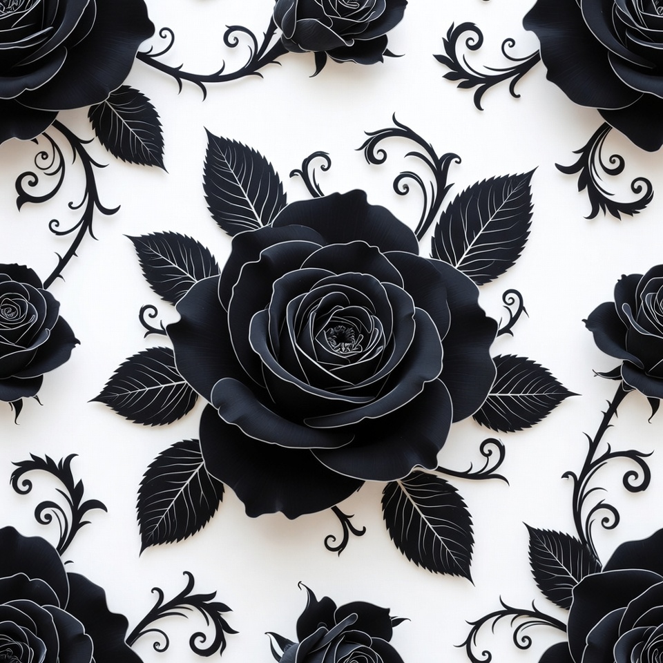 Black Roses Pattern on White Black Roses Pattern on White