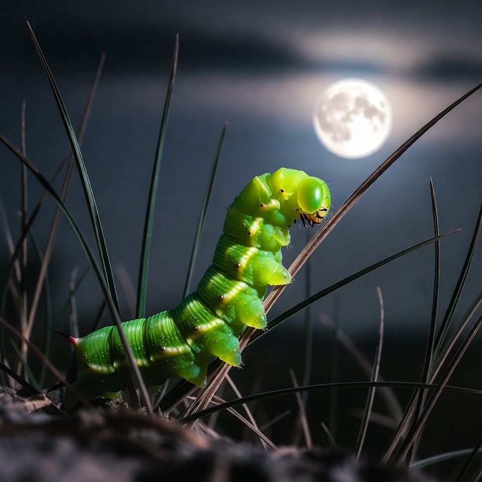 Green caterpillar on grass under moonlight Green caterpillar on grass under moonlight