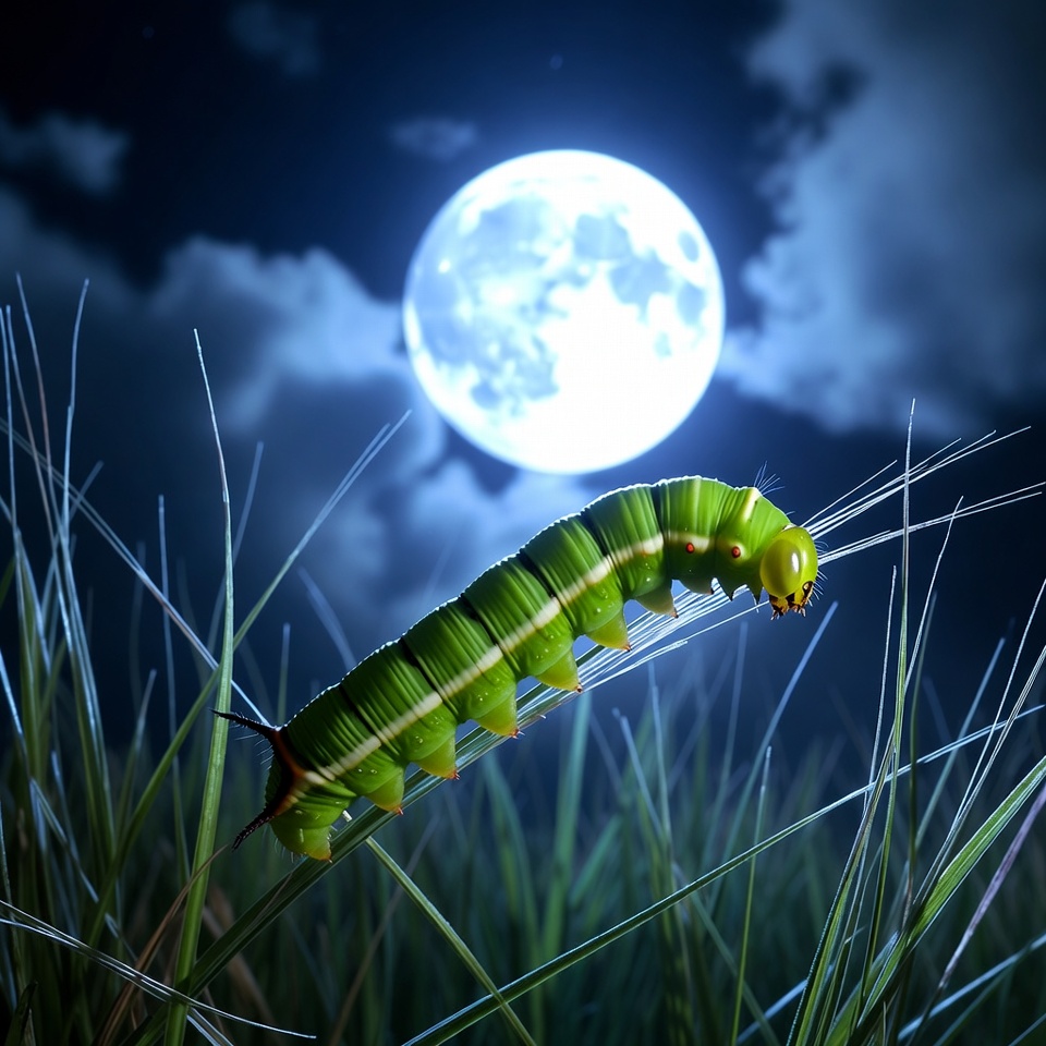 Green caterpillar on grass under full moon Green caterpillar on grass under full moon