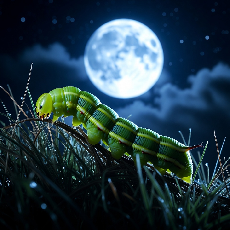 Green caterpillar on grass under full moon Green caterpillar on grass under full moon