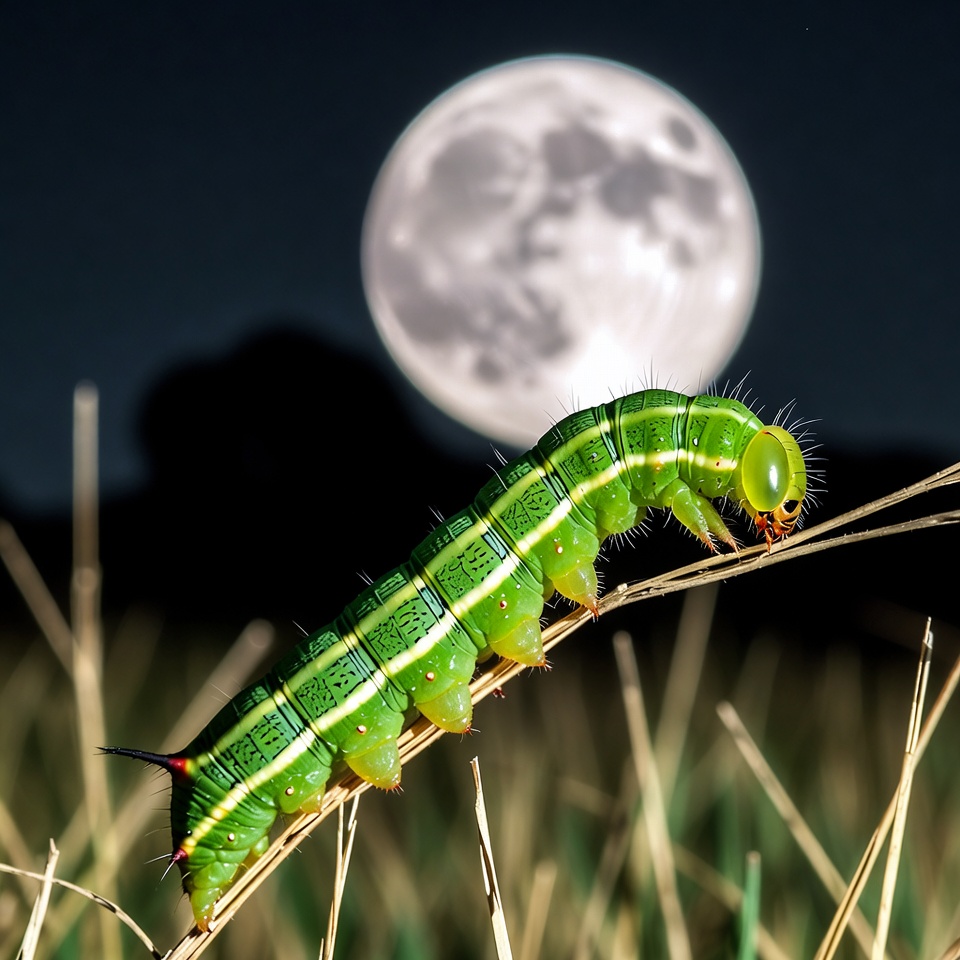 Green caterpillar on grass under full moon Green caterpillar on grass under full moon
