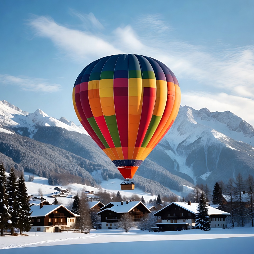 Colorful hot air balloon over snowy mountains Colorful hot air balloon over snowy mountains