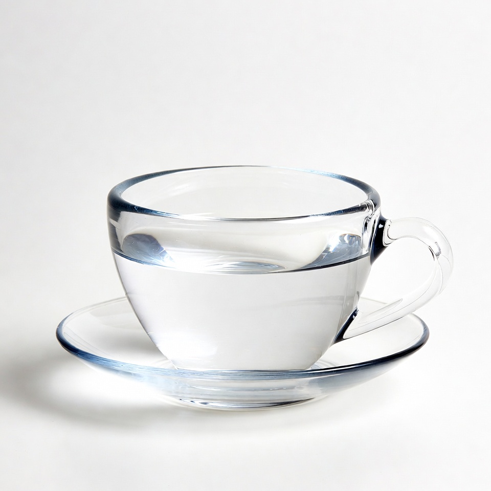 Glass teacup with water on saucer Glass teacup with water on saucer