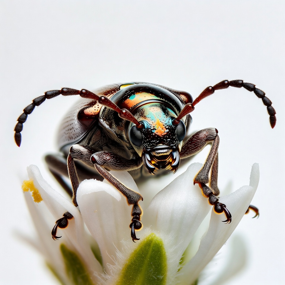 Colorful beetle on white flower Colorful beetle on white flower