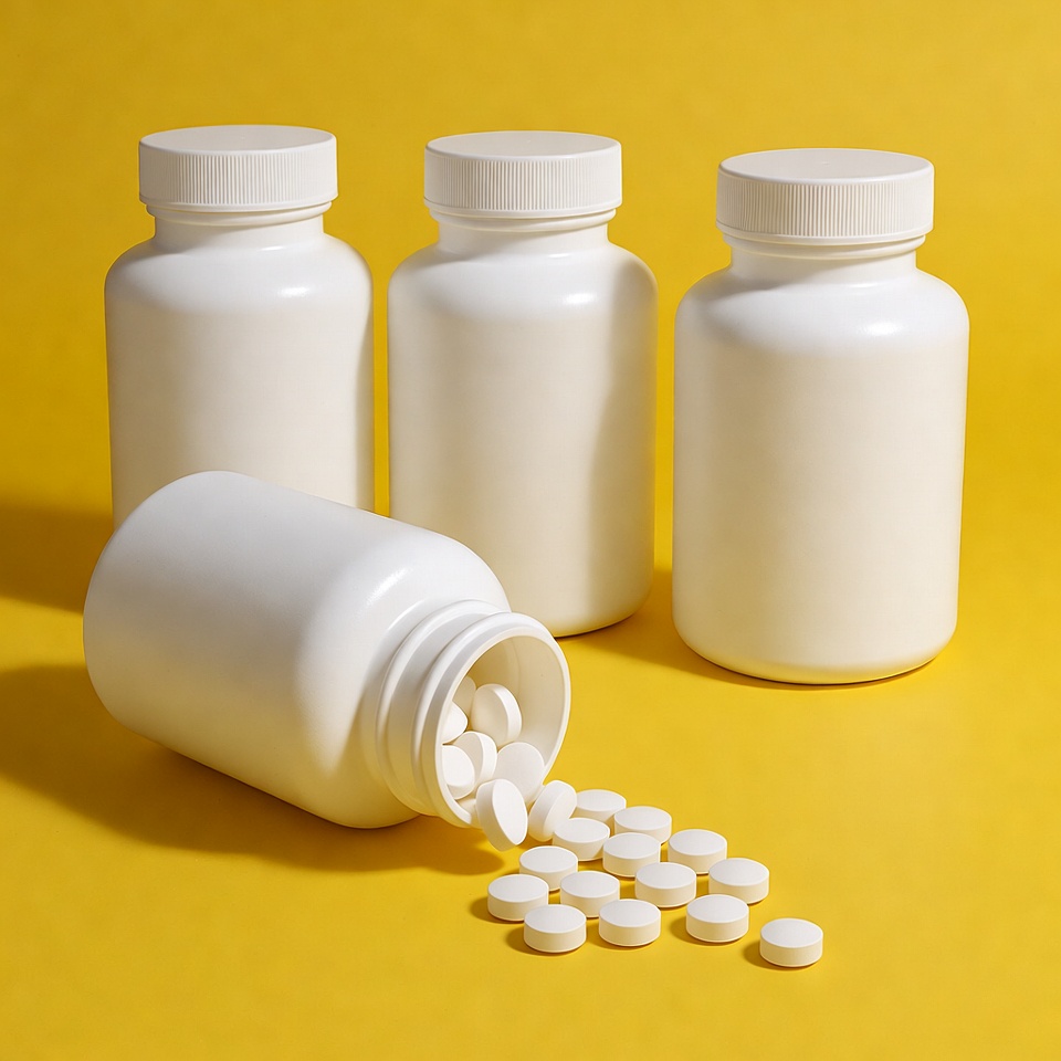 White Pill Bottles Spilling Pills on Yellow White Pill Bottles Spilling Pills on Yellow