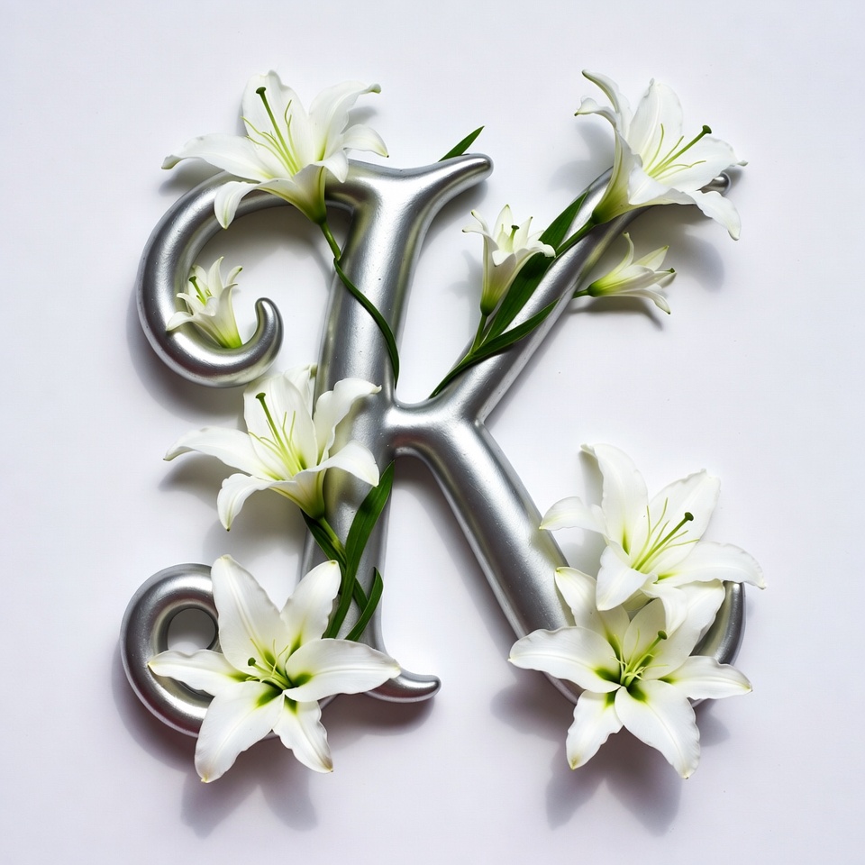 Lilies Surrounding Silver Letter K Lilies Surrounding Silver Letter K