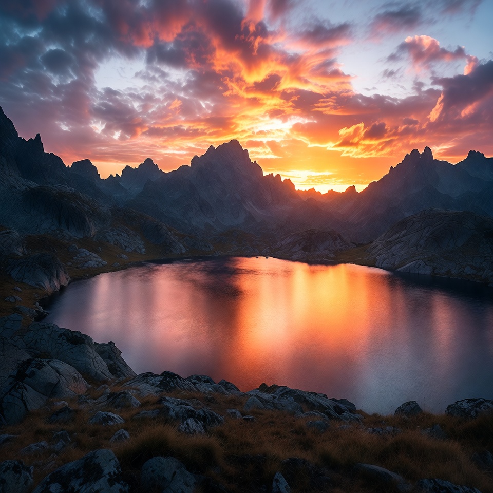 Sunset over mountain lake Sunset over mountain lake