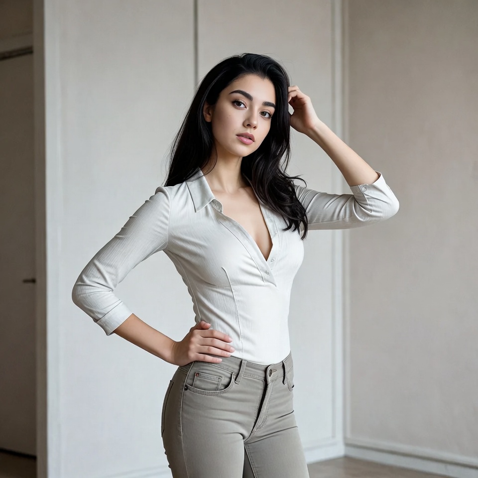 Woman in white blouse posing thoughtfully Woman in white blouse posing thoughtfully