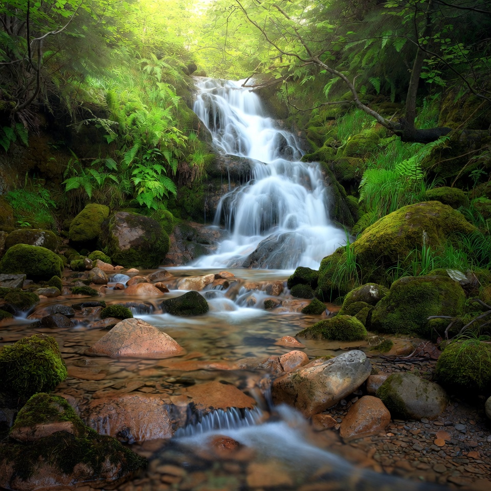 Waterfall cascading in lush green forest Waterfall cascading in lush green forest